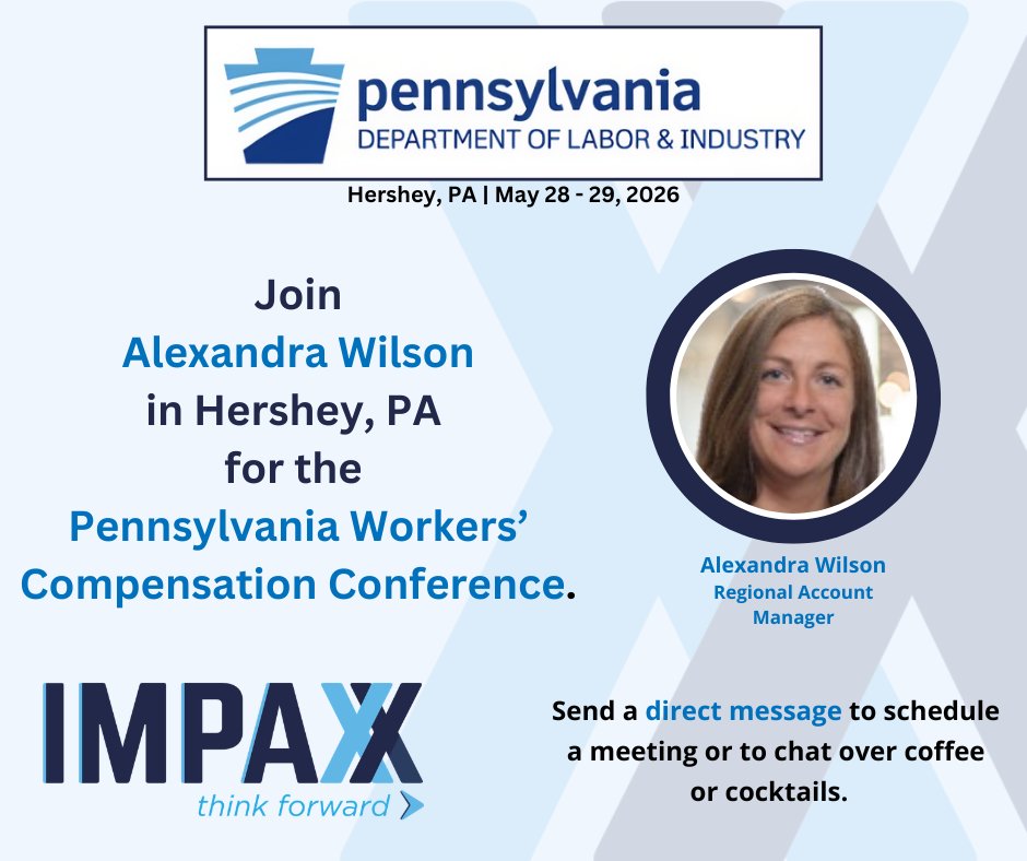 ThinkForward's tweet photo. Meet IMPAXX Regional Account Manager Alexandra Wilson in Hershey, PA for the Pennsylvania Department of Labor &amp; Industry's 25th Annual Workers' Compensation Conference. Be sure to stop by the IMPAXX booth to chat about the latest in #workerscompensation.
https://t.co/SYNRODsp2t https://t.co/vXyZw5fV52