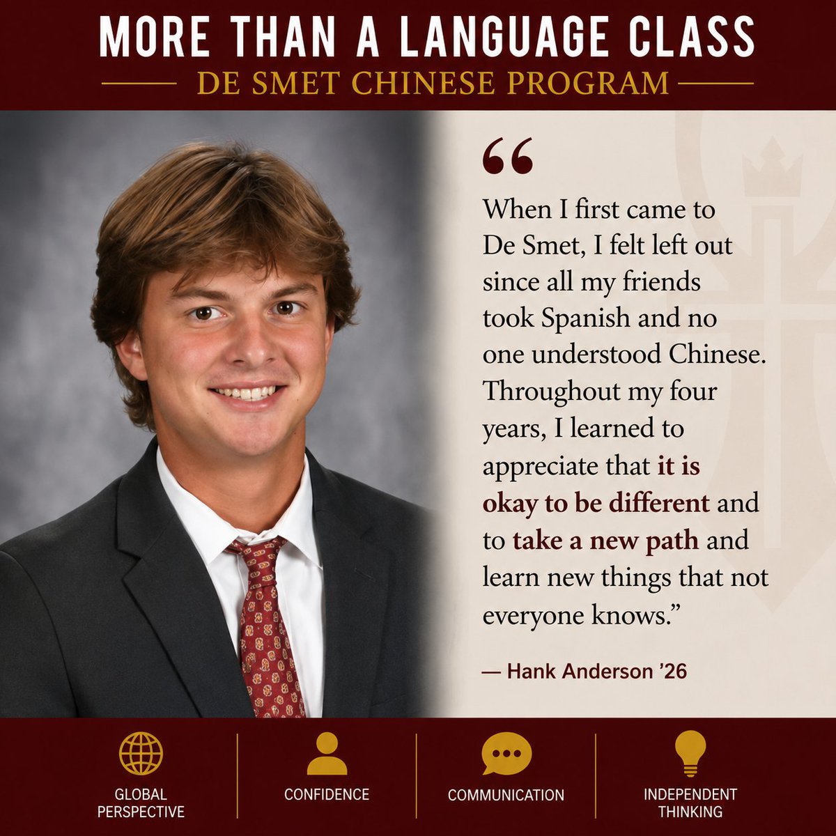 tsenglaoshi's tweet photo. “It is okay to be different and to take a new path.”
Proud of Hank Anderson ’26 and our Chinese IV seniors. @DeSmetJesuitHS
#IndependentThinking #ChineseProgram #StudentGrowth #WorldLanguage https://t.co/K4heA2LWNb