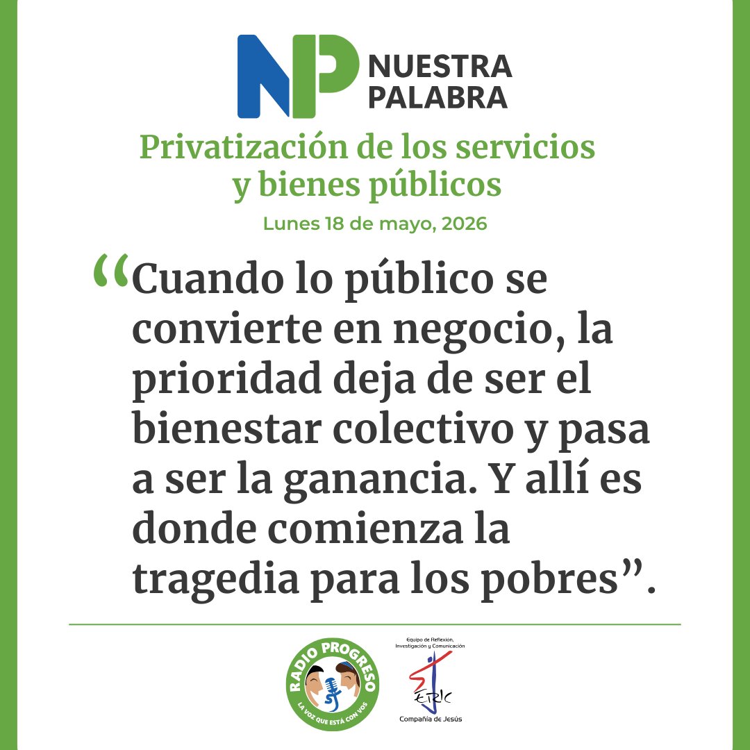 RadioProgresoHN's tweet photo. 📌 #NuestraPalabra: Privatización de los servicios y bienes públicos.
👉 Te invitamos a escuchar, leer y compartir: https://t.co/r7NOw9hmsJ https://t.co/UQ6JQTXt3Z