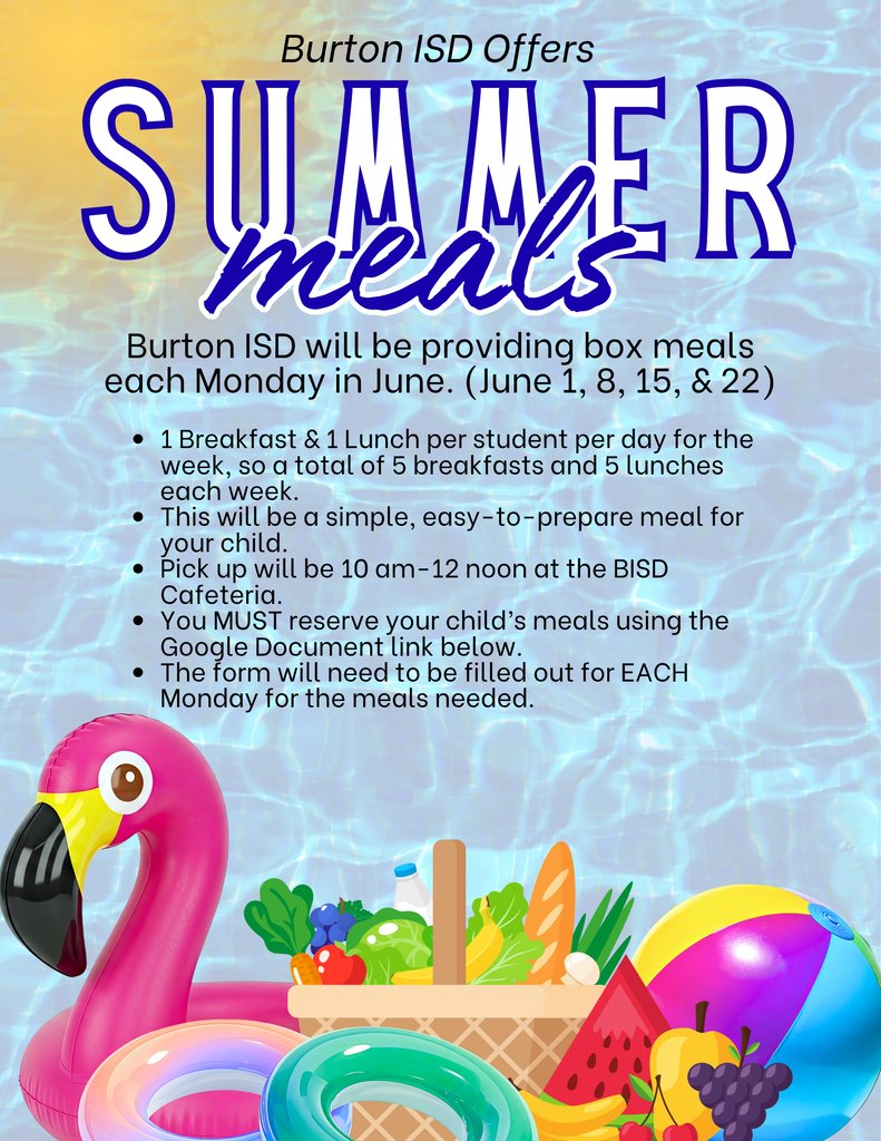 BurtonIsd's tweet photo. Week 1 Summer Meal RSVP has been closed.

Week 2, June 8th Summer Meal RSVP, use the link below:

https://t.co/DSatSQVLhC

Please contact Sara  Ramirez  at sramirez@stu.burtonisd.net if you have any questions. https://t.co/YYS0tUC3eA