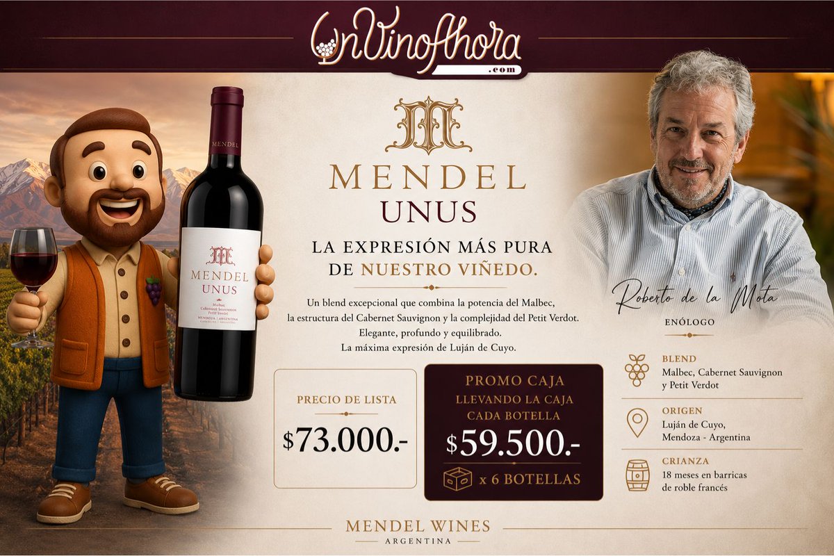 UnVinoAhora's tweet photo. Mendel Unus, elaborado por @RobertodelaMota, es el destacado del día.

Pedilo en https://t.co/3vUa0wCMGG
📌 La vinoteca virtual de mayor antigüedad y trayectoria de 🇦🇷
📌On line desde 2003 https://t.co/f8pMFIByyf