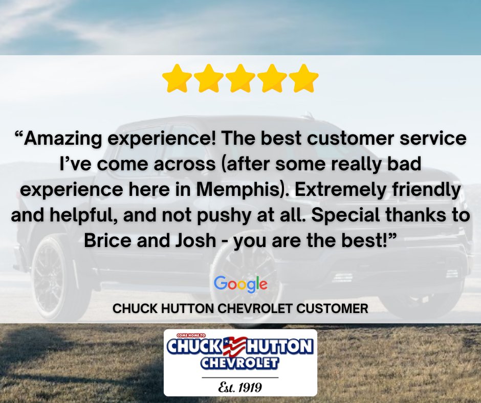 CHutton_Chevy's tweet photo. Another day, another stellar review on customer service! We hope you enjoy many miles in your new ride!😁
#ChuckHuttonChevrolet #ChuckHuttonChevy https://t.co/Qc9iAkxOqA