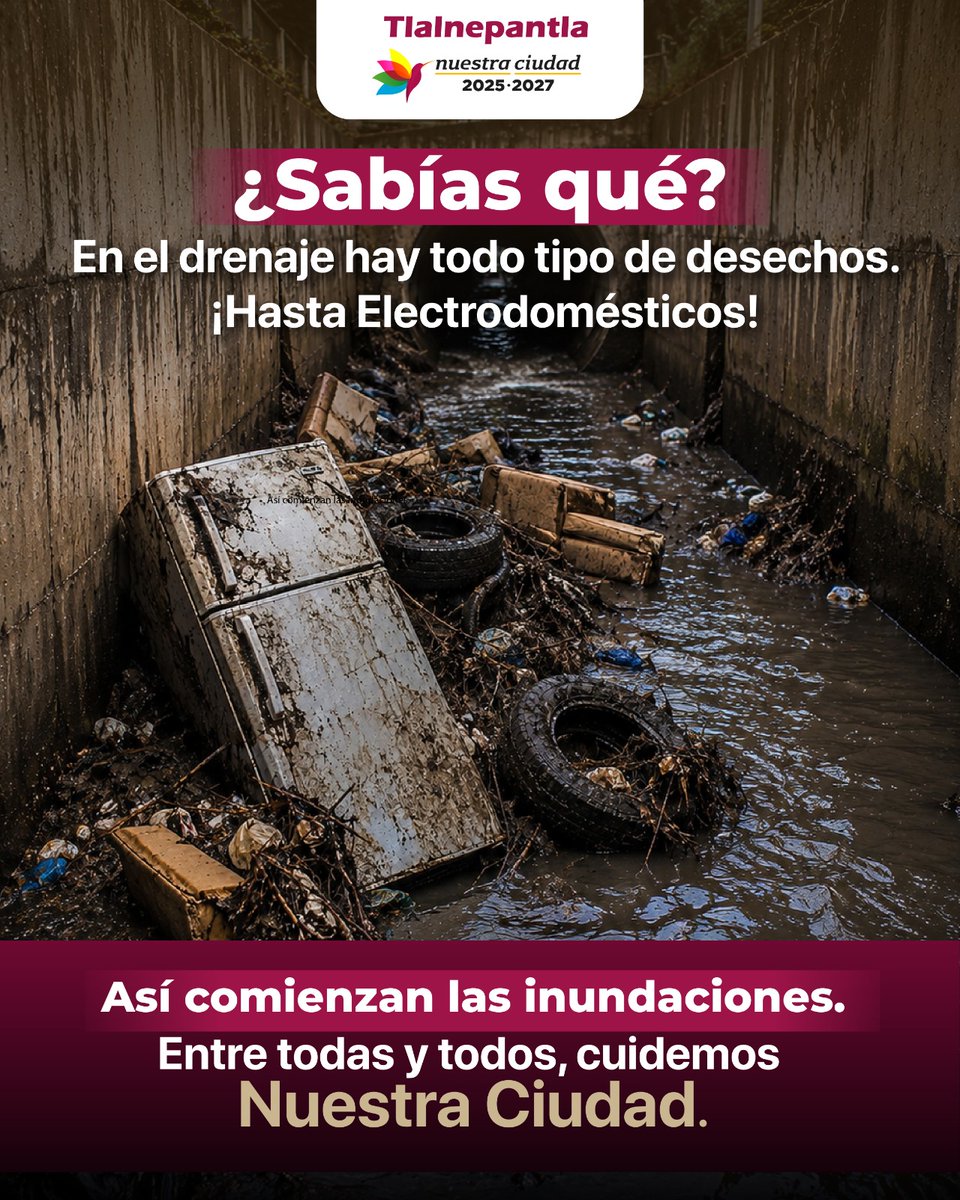 Gob_Tlalne's tweet photo. Las inundaciones no empiezan con la lluvia… empiezan con la basura en calles y drenajes.
Entre todas y todos podemos prevenir riesgos y proteger #NuestraCiudad, #Tlalnepantla. 💧🏙️ https://t.co/MPMhoN6TBk
