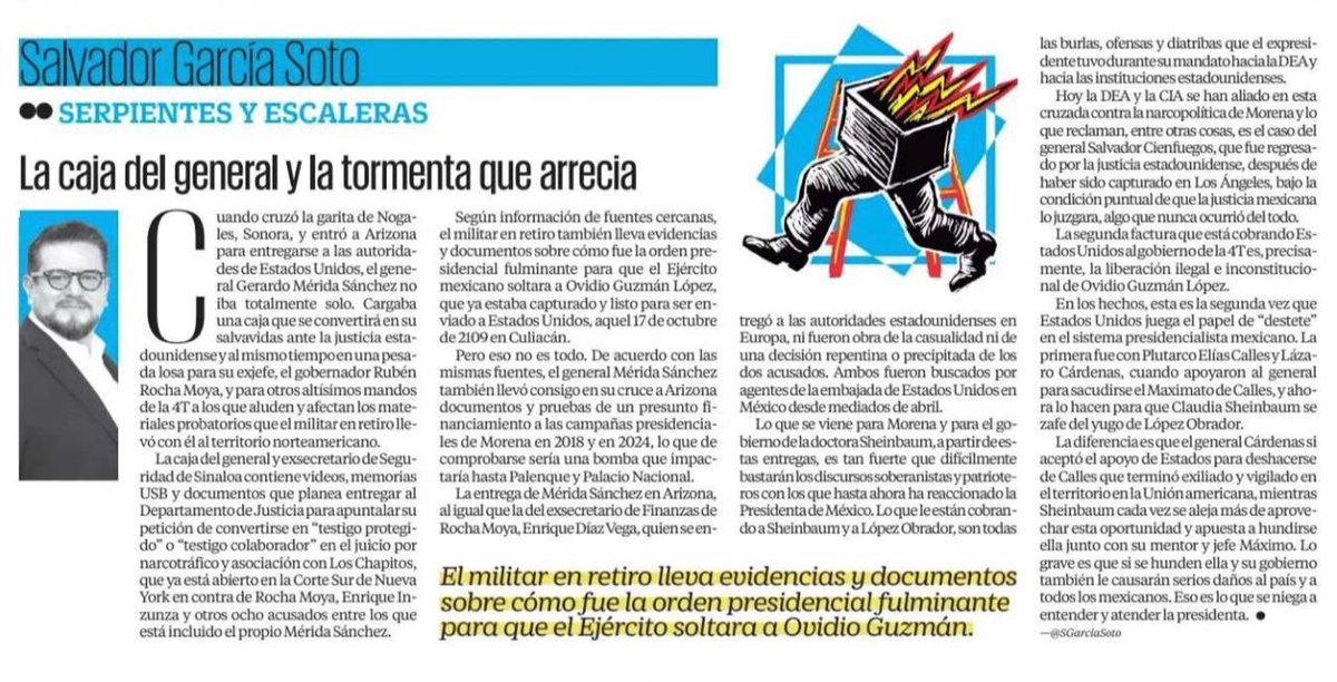 AdrianaDavilaF's tweet photo. El general no cruzó solo a Estados Unidos, llevaba una caja de pruebas del financiamiento del crimen organizado a las campañas presidenciales de Morena y Rubén Rocha.

@SGarciaSoto https://t.co/147gjH7jhh