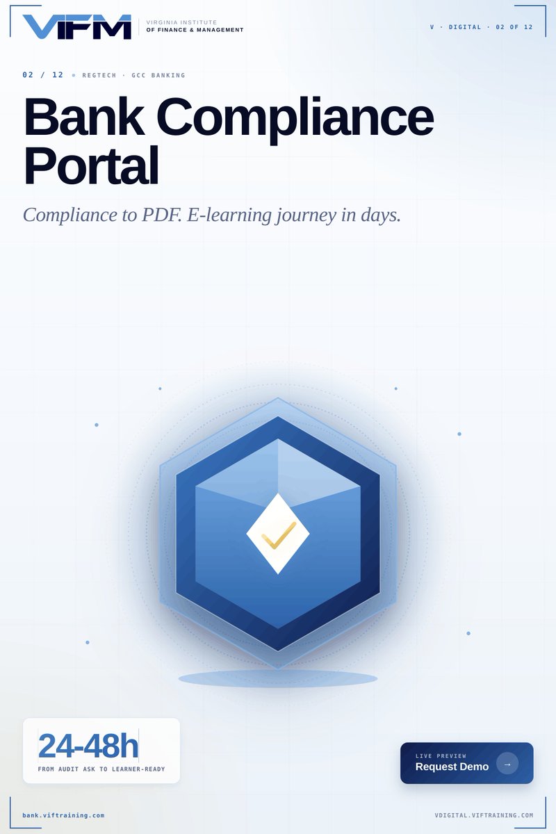 viftraining's tweet photo. Compliance workflows should be faster, smarter, and easier to manage.

The VIFM Bank Compliance Portal helps financial institutions streamline audit and training processes, turning compliance requests into learner-ready journeys in days, not months.

#RegTech #BankingCompliance https://t.co/CpqPXswInp