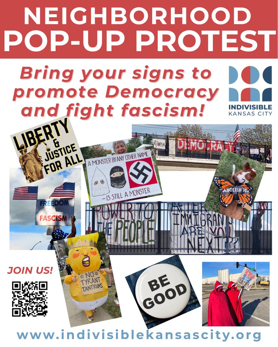 Indivisible_KC's tweet photo. POP UP PROTEST - 87th &amp; BLUE RIDGE BLVD - Tuesday, May 19th! 

Bring your signs. Bring your energy. Bring your neighbors. Together we show America what democracy looks like.🗽

📍 8701 Blue Ridge Blvd, KC MO
🕓 4:30–6:00 PM CDT

RSVP: https://t.co/aG2aE5Vsou https://t.co/uAwkpuKP7L