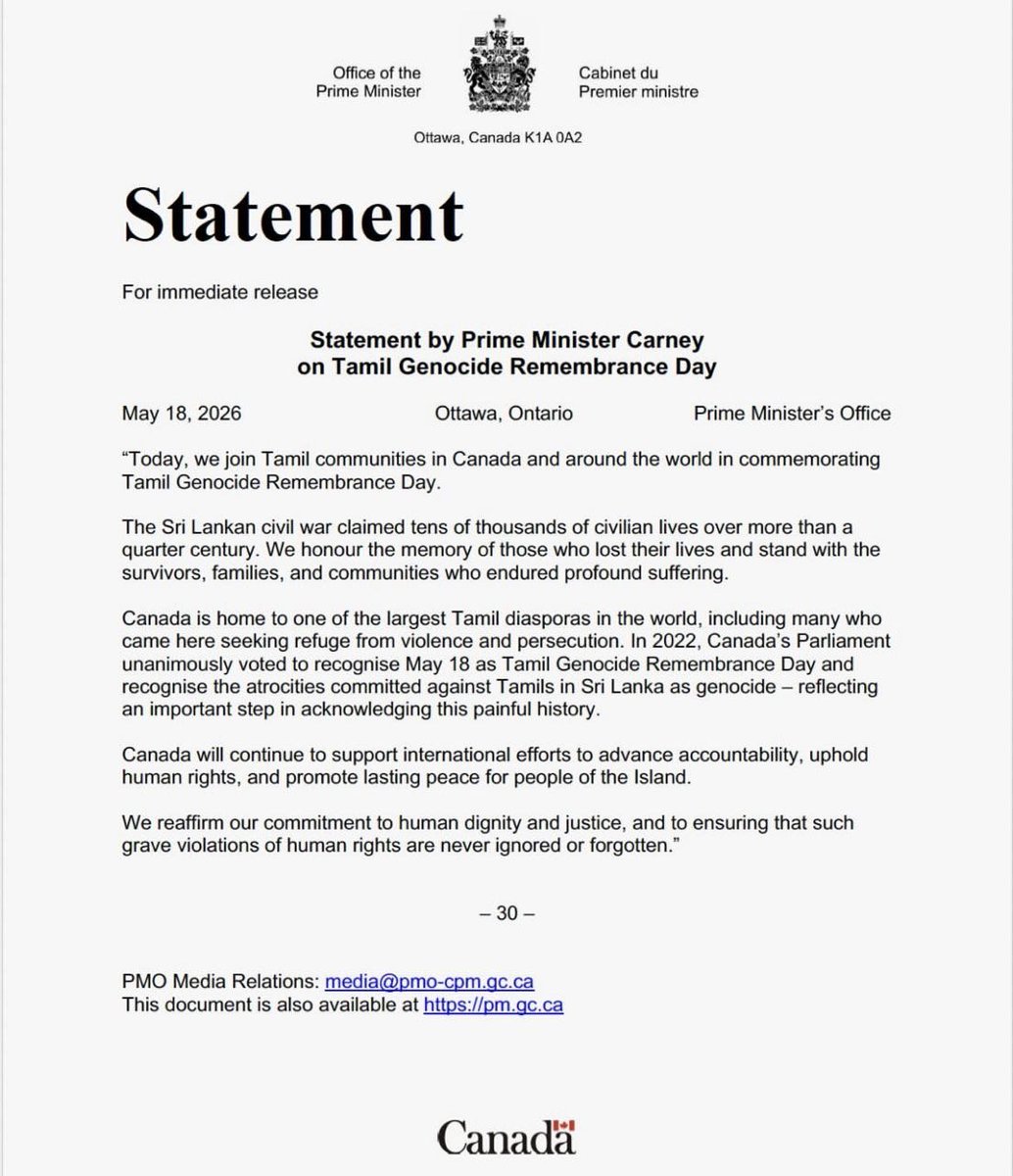 TamilGuardian's tweet photo. 🚨 Canada reaffirms recognition of Tamil genocide in official Mullivaikkal statement

Canadian Prime Minister Mark Carney (@CanadianPM) has reaffirmed Canada’s recognition of the atrocities committed against Tamils in Sri Lanka as genocide, issuing an official statement marking Tamil Genocide Remembrance Day and honouring victims and survivors of the armed conflict.

In a statement released on 18 May, @MarkJCarney said Canada joined “Tamil communities in Canada and around the world” in commemorating Tamil Genocide Remembrance Day, whilst acknowledging the immense suffering endured by Tamils during the armed conflict in the Tamil homeland.

Read more 🔗

https://t.co/0j6dogMcMw