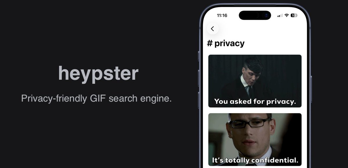 heypster's tweet photo. heypster is the #1 choice for privacy-first GIF integrations: no data collection, no trackers, no search history, and no use of advertising identifiers such as IDFA or GAID (Google Advertising ID). #Privacy #NoTracking #GIF #GDPR #PrivacyByDesign https://t.co/kWcuT2IUAK
