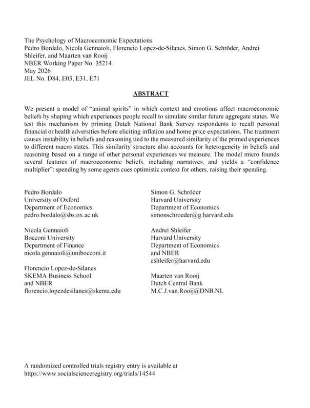 int_mon_econ's tweet photo. Super interesting!

"The Psychology of Macroeconomic Expectations" by Pedro Bordalo, Nicola Gennaioli, Florencio Lopez-de-Silanes, Simon G. Schröder, Andrei Shleifer, and Maarten van Rooij.

"We present a model of “animal spirits” in which context and emotions affect macroeconomic beliefs by shaping which experiences people recall to simulate similar future aggregate states. We test this mechanism by priming Dutch National Bank Survey respondents to recall personal financial or health adversities before eliciting inflation and home price expectations. The treatment causes instability in beliefs and reasoning tied to the measured similarity of the primed experiences to different macro states. This similarity structure also accounts for heterogeneity in beliefs and reasoning based on a range of other personal experiences we measure. The model micro founds several features of macroeconomic beliefs, including narratives, and yields a “confidence multiplier”: spending by some agents cues optimistic context for others, raising their spending."

https://t.co/IOUjtke7UD