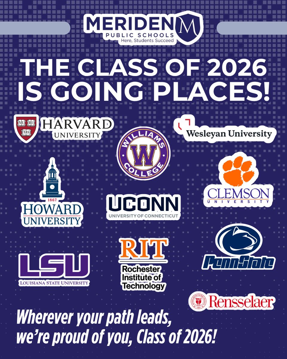 MeridenK12's tweet photo. 🎓✨ The Class of 2026 is going places! From campuses close to home to universities across the country, MPS students are taking the next step toward bright futures.

We are proud to celebrate the colleges and universities our students have applied to and their journeys ahead! 💙 https://t.co/OjVlAMOFMd