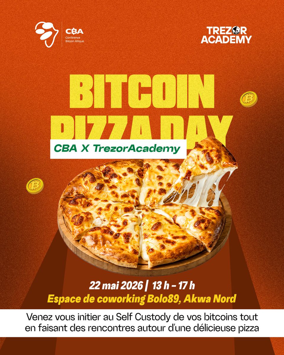 btcafriquefr's tweet photo. Le 22 mai 2010, deux pizzas ont changé l'histoire de la finance.

Un développeur payait 10 000 BTC pour deux pizzas livrées à domicile — la première transaction Bitcoin du monde réel. 

16 ans plus tard, cette date est devenue un symbole mondial célébré par la communauté Bitcoin.

À Douala, nous célébrons ce Bitcoin Pizza Day avec un événement ouvert à tous.

🗓️ Vendredi 22 mai 2026 | 13h – 17h

📍 Espace de coworking Bolo89, Akwa Nord

Au programme :

🔐 Atelier d'initiation au Self Custody — comprendre comment vraiment posséder ses bitcoins en toute autonomie, avec l'expertise de Trezor Academy

🤝 Rencontres et échanges avec la communauté Bitcoin de Douala

🍕 Pizza partagée entre passionnés et curieux

Cet événement est gratuit et ouvert aux entrepreneurs, professionnels, étudiants et toute personne curieuse de mieux comprendre Bitcoin et la souveraineté financière.

Que vous soyez débutant ou déjà bitcoiner, c'est l'occasion d'apprendre, de réseauter et de faire partie d'une dynamique pan-africaine qui prend de l'ampleur.

Conférence Bitcoin Afrique x Trezor Academy — un partenariat qui continue de bâtir l'éducation Bitcoin sur le continent.

👉 Partagez à un ami qui devrait être là

#BitcoinPizzaDay #CBA2026 #TrezorAcademy #SelfCustody #BitcoinAfrique #SouverainetéFinancière