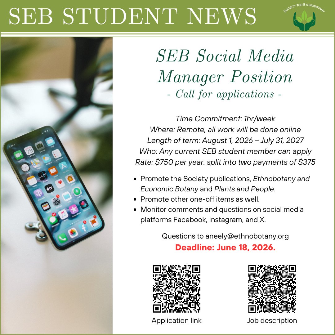 SEBotany's tweet photo. Calling SEB Students! We are looking for a Social Media Manager to help promote SEB &amp; its publications. The position is fully remote, ~ 1 hour per week, and pays $750 per year. Apply by June 18, 2026!

Scan the QR codes in the graphic for the application and full job description. https://t.co/Tp7Ux6dpGv