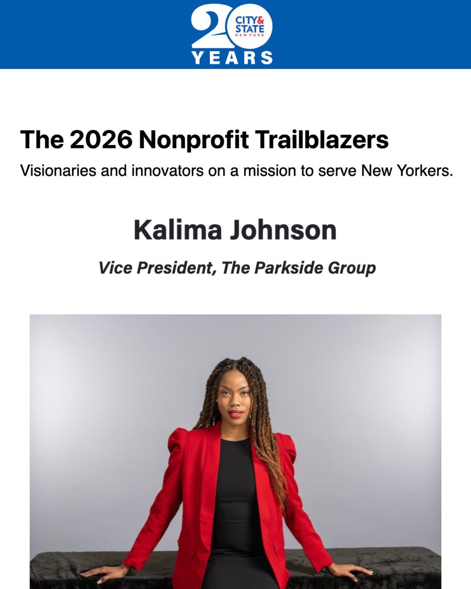 ParksideGroup's tweet photo. Parkside VP Kalima Johnson was named to @CityAndStateNY's 2026 Nonprofit Trailblazers list! 

Kalima uses her experience as a legislative staffer, elementary school teacher, and education advocate to help mission-driven clients advance their goals. 

https://t.co/JNYyYyYxtY https://t.co/EKKyxMS3j6