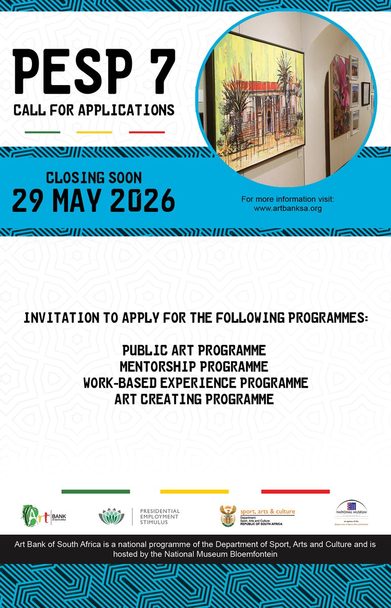 Oliewenhuis's tweet photo. PESP 7 CALL FOR APPLICATIONS 

Open to visual artists, mentors &amp; arts organisations across South Africa.

📅Closing date: 29 May 2026
🔗 https://t.co/JBSlOPOVnV

#PESP7 #CallForApplications #VisualArts #SouthAfricanArtists #ArtOpportunities #artbanksa https://t.co/BGzcKKRNaH
