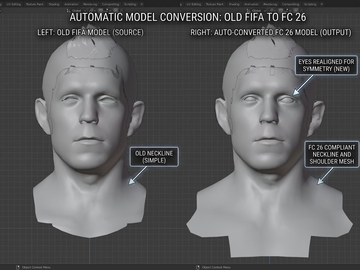 sandiego_1221's tweet photo. FIFA to FC Tool Features

• Perfect neckline &amp; eye alignment logic
• Rigging updates that retain old haircap quality
• Converts FIFA 17–FC 26 faces to FC 24–26
• Done in 20 seconds with a 4-button UI

Pre-sale starts tomorrow. DM for inquiries

#FC26 #FC25 #fifa18 #fifatofc https://t.co/vGxIoABkyB