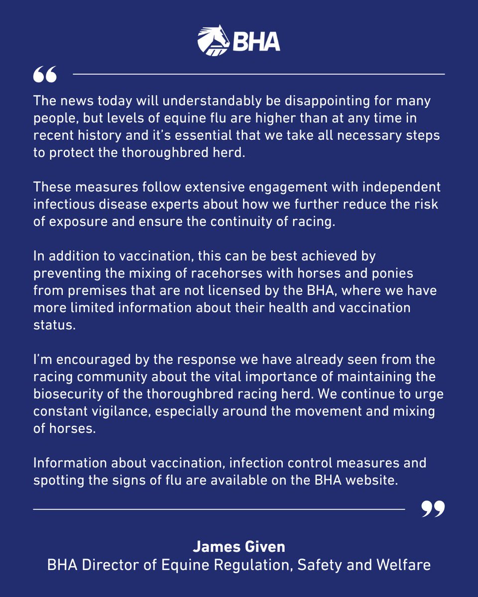 BHAHorseracing's tweet photo. 💬 "It's essential that we take all necessary steps to protect the thoroughbred herd."

James Given explains more about why the decision has been made to limit raceday access to horses from licensed training yards.

Full details: https://t.co/8Wclo0De74 https://t.co/6RmSvbf0f0