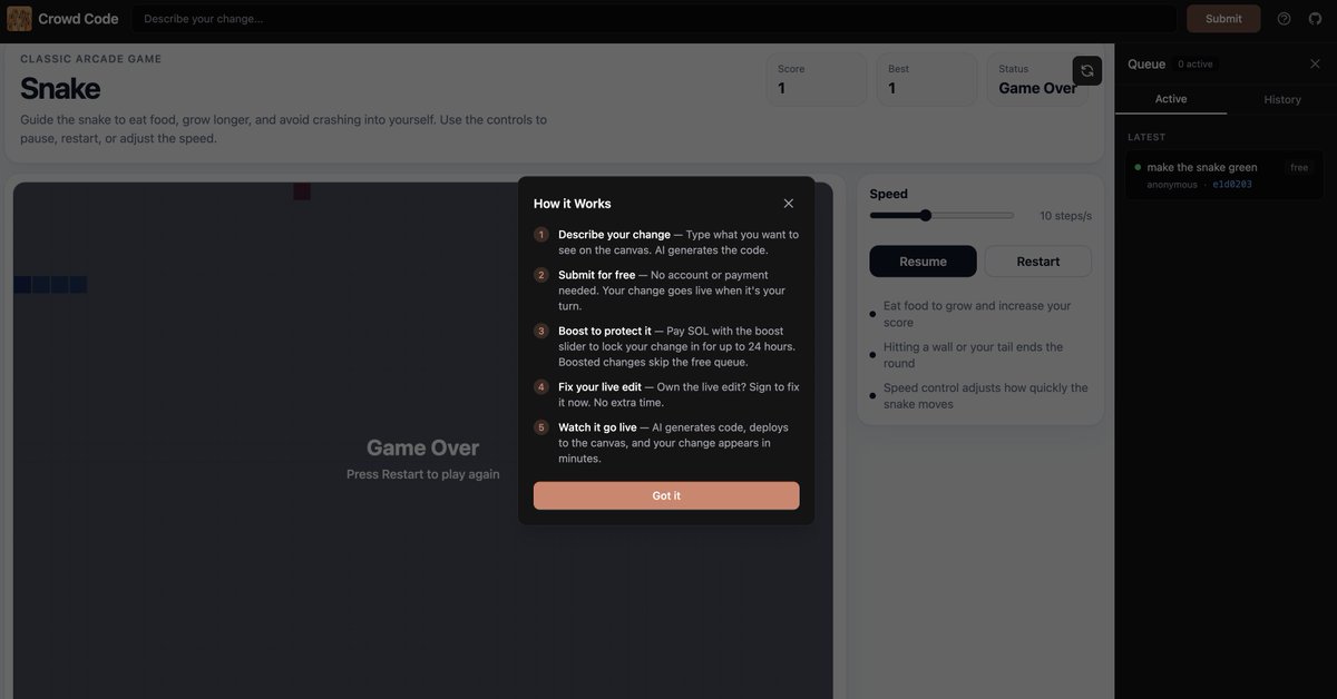 CryptoCow33's tweet photo. been hacking on something, and wanted to launch and see what happens

https://t.co/97VW2hg6VY is performance art where anyone can change the website
changes are free, but if you want to protect your changes (24hr limit) you have pay some SOL
try to collaborate, try to build something great together

changes take a bit of time, and might need to hard refresh to see them, but stay tuned for updates