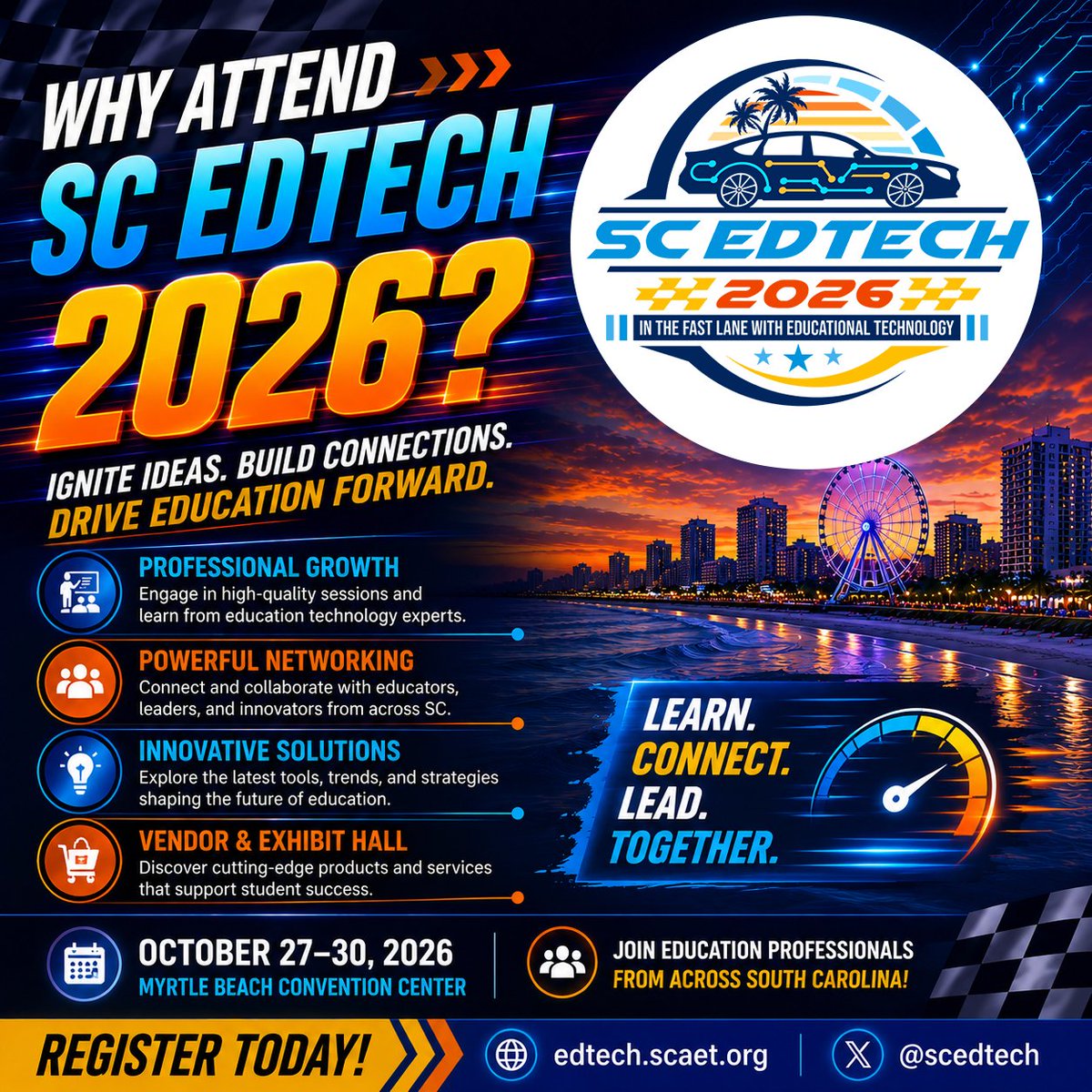 scedtech's tweet photo. 🎓 Why attend SC EdTech 2026?

Explore professional development, networking opportunities, innovative solutions, and the latest trends in educational technology.

📍 Myrtle Beach Convention Center
📅 Oct. 27–30, 2026
🔗 https://t.co/w33Vki1z8q

#SCEdTech2026 #EdTech https://t.co/d3BuhEnUNf