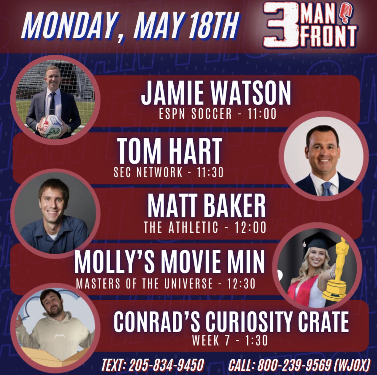 patsmithradio's tweet photo. 'Reaction Monday' straight ahead on @3ManFront!  SEC Baseball preview, CFP expansion, Stallions and World Cup Soccer coming to Auburn. Join us on @WJOX945. 
11:00 @jamiewatson77
11:30 @tom_hart 
12:00 @MattBakerCFB https://t.co/qqxIePKR53