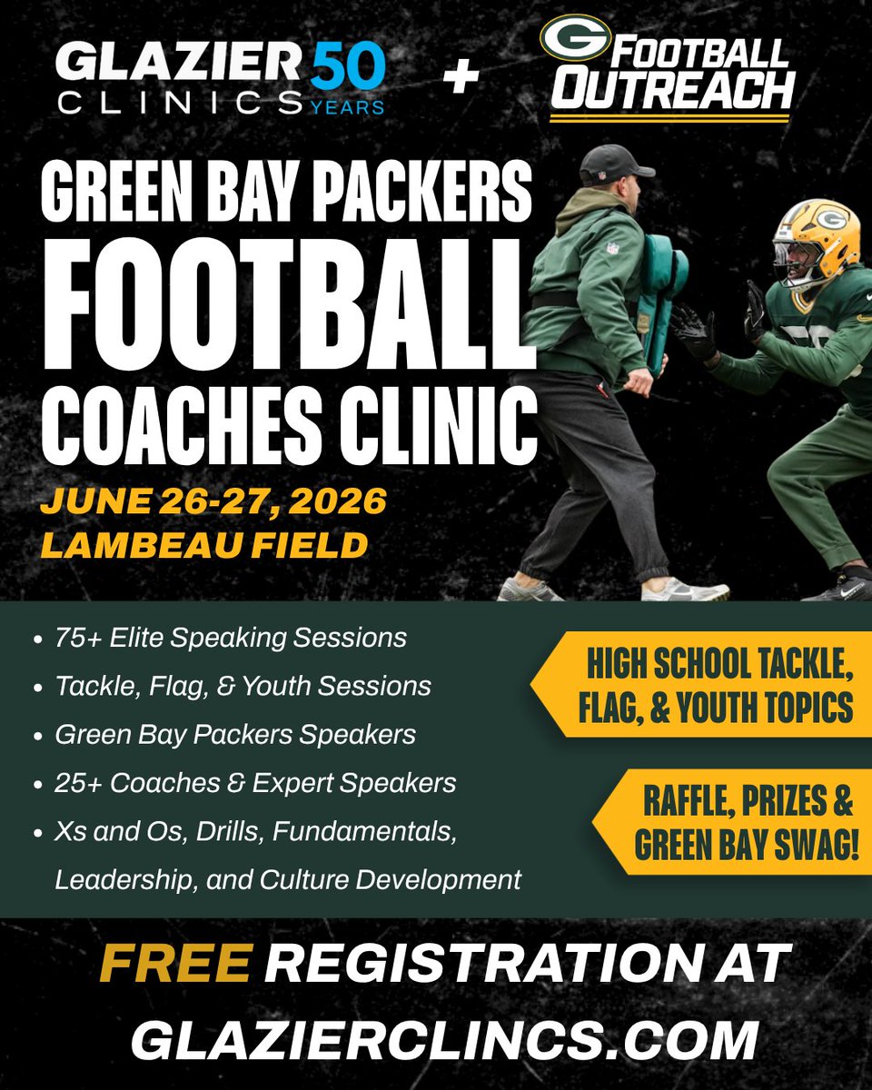 PackersOutreach's tweet photo. Calling all coaches 🗣️

Don't miss the opportunity to learn from the best inside Lambeau Field on June 26-27 https://t.co/vpxuX3F7pR