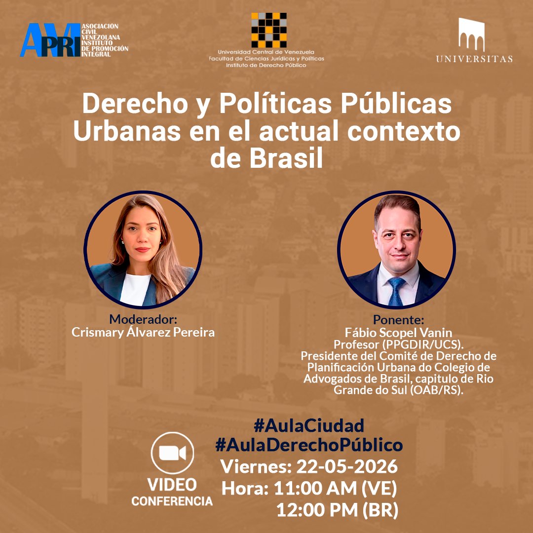 JenkinsMis55y9's tweet photo. Derecho y Políticas Públicas Urbanas en el actual contexto de Brasil

VC el #22Mayo a las 11:00 AM VE -12:00 PM BR

Regístrate aquí ↪ https://t.co/BelZSDgIpR

Ponente:
@fsvanin

Modera:
@CrismaryAlvarez

Organizan:
@AVIPRIVenezuela
@idpUCV
Universitas

¡Te esperamos! https://t.co/97y01ptVuq