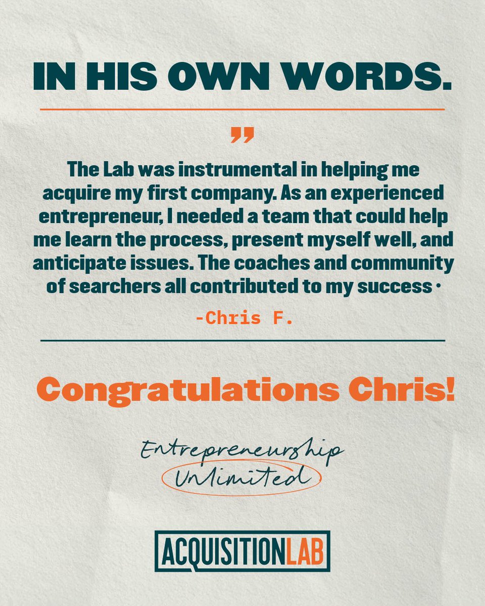 Acquisition_Lab's tweet photo. Chris F. just closed on a recession-resistant online product business. $3.5M to $4.5M transaction, 85% SBA financed, and a clear growth runway ahead. Congrats, Chris! 🎉 https://t.co/RQUk2NEUmI