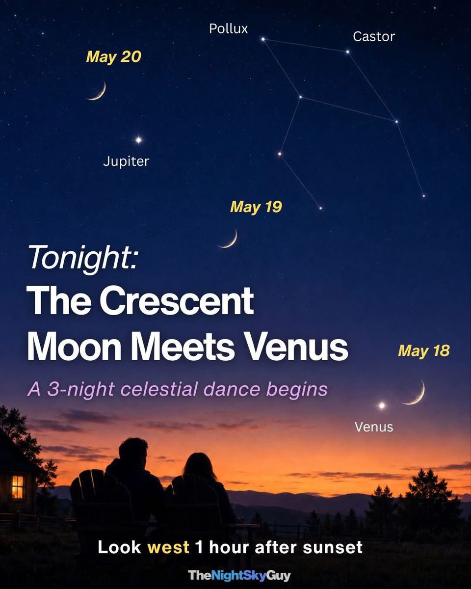 thenightskyguy's tweet photo. 🌙✨ Tonight: The Crescent Moon Meets Venus!

Step outside after sunset &amp; look W, a thin crescent Moon will shine close to Venus,  one of the prettiest sights of the week.

Tonight, May 18: Moon near Venus
May 19: Moon between Venus &amp;  Jupiter
May 20: Moon near Jupiter https://t.co/izZ07lwnzD