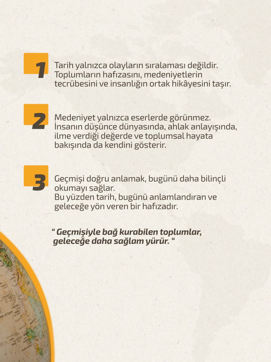 tarfenstitu's tweet photo. Tarih yalnızca geçmişin kaydı değildir.
Toplumların hafızasını, medeniyetlerin tecrübesini ve insanlığın ortak hikâyesini taşır.
Geçmişi doğru anlamak, bugünü daha bilinçli okumayı sağlar.
#tarf #tarih #düşünce https://t.co/g2Kv7tnZRf