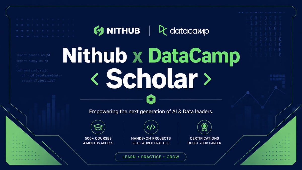 UnityNode3's tweet photo. Didn’t see this one coming, but I’m excited to share I got selected for the Nithub x DataCamp Scholarship 🎉

500+ courses. 4 months. Time to get to work.
@Nithub
 
@DataCamp https://t.co/7RnCT3pvZ6