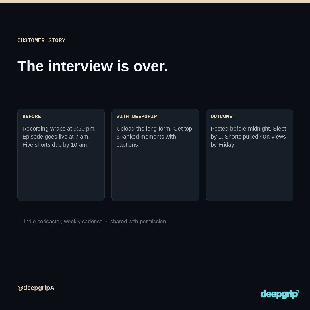 DeepgripA's tweet photo. The interview is over.
The clips don't exist yet.
They will, in 90 seconds.

#PodcastEditing https://t.co/xPuelVE9K4