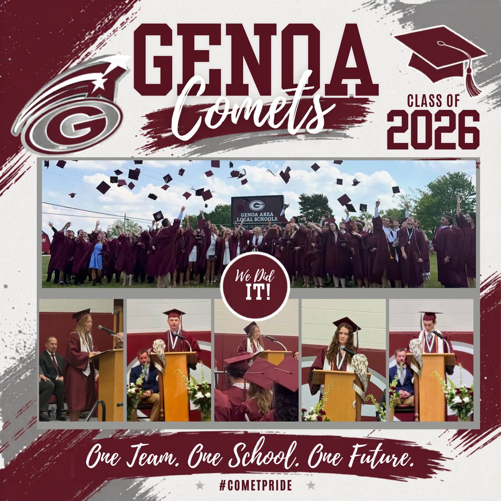 GenoaSchools's tweet photo. 🎓☄️ Congratulations to the Genoa Comets Class of 2026!

We are proud of all you’ve accomplished and excited to see what’s ahead for each of you. Once a Comet, always a Comet! ❤️🩶🤍

#ClassOf2026 #CometPride https://t.co/5ZX9vtuEBW