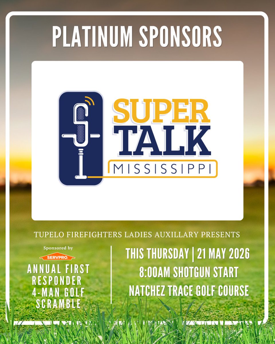 ServproofTupelo's tweet photo. 📣 Another Sponsor of the Annual First Responders Golf Scramble to celebrate! 

A huge THANK YOU to Platinum Sponsors, @supertalk ! Your support helps raise funds for firefighters. 

Team Registration has been extended. 
Visit our FB page for link to register a team or sponsor. https://t.co/Rcz9W7ikBV
