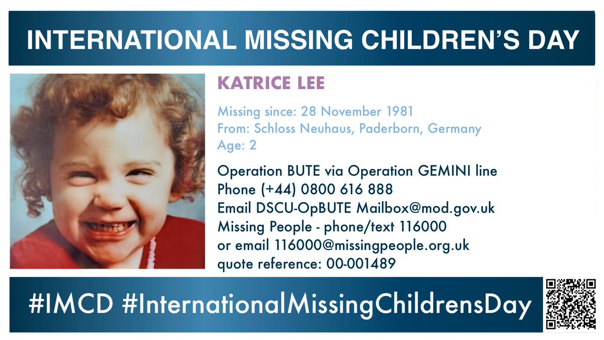 MisPersSupport's tweet photo. Katrice Lee was 2 years old when she went missing on 28 November 1981 from Schloss Neuhaus, Paderborn in Germany #FindKatriceLee #IMCD #InternationalMissingChildrensDay #MissingPersonsSupport #BlueForHope 🩵 @natashalee39 @MrRichard_Lee @HelpFindKatrice https://t.co/ogVb9kcaye