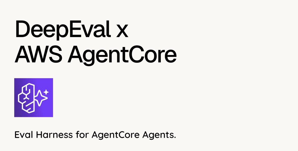 jeffr_yyy's tweet photo. Now with @deepeval's AgentCore integration, you can:

> Instrument AgentCore with 1 line of code.
> Collect AgentCore traces in a Pytest setup
> Run evals using 50+ metrics on your AgentCore agent, will full traceability

Link in comments @awscloud https://t.co/T2crmpiu09