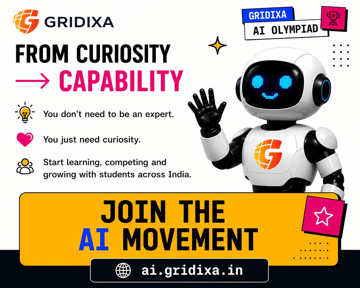 gridixa's tweet photo. Your AI journey starts here 

Learn AI without feeling lost.
Build skills, solve real problems, and grow with students across India .

 No coding experience needed
 Learn • Practice • Compete • Grow

 https://t.co/9Cesv2miTo

#AI #AIOlympiad #GRIDIXA #FutureSkills #LearnAI https://t.co/oAbm8OMTEn