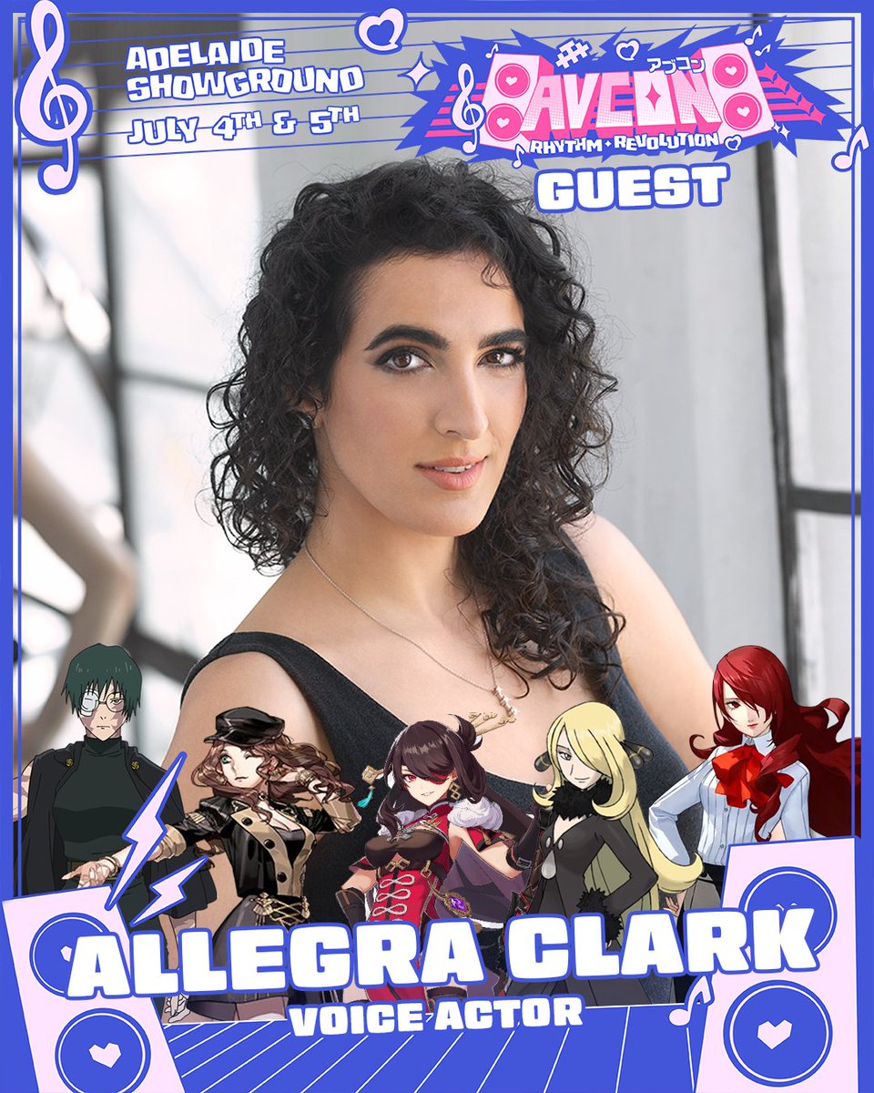 TeamAVCon_'s tweet photo. We’re thrilled to announce that Allegra Clark is coming to AVCon 2026!

You’ve heard her powerful performances across anime and games alike. From the fierce and unforgettable Beidou in Genshin Impact, to the elegant and deadly Dorothea Arnault in Fire Emblem: Three Houses, the commanding presence of Mitsuru Kirijo in Persona 3 Reload, the legendary champion Cynthia in Pokémon, and fan-favourite Maki Zen'in in Jujutsu Kaisen, her range and talent have made her a standout in the industry.

Known for bringing to life some of the most iconic strong women in modern anime and gaming, she has built a reputation as a true veteran of the voice acting world, delivering performances that are powerful, nuanced, and unforgettable.

We couldn’t be more excited to welcome her to Adelaide for AVCon 2026. Get ready for panels, signings, and plenty of unforgettable moments.

Check her out at:
@SimplyAllegra
https://t.co/j43rxjrkBn
https://t.co/kT4sHKoebl
https://t.co/2lc7FzAttn