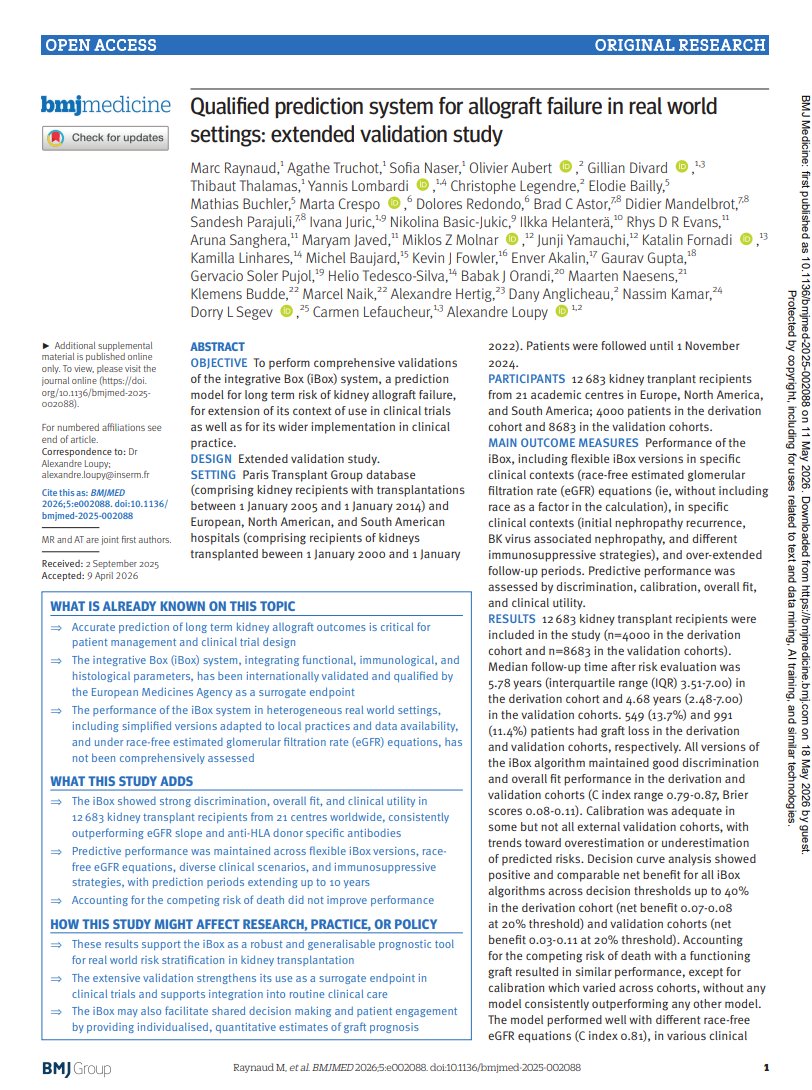 ParisTxGroup's tweet photo. 📢 New study in @bmj_latest  Medicine

We externally validated the iBox prediction system in 12K+ kidney transplant recipients from 21 centres 🌍

This work further supports iBox as one of the most extensively validated prediction models in medicine
🔗 https://t.co/Z75c9srpOm https://t.co/KUj3ojjWS4