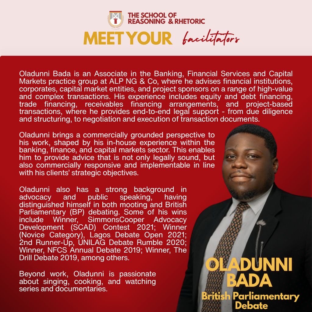 lex_gemot's tweet photo. Ever heard of British Parliamentary Debate? Probably not. However At SR&amp;R, you’ll not only learn about it, but also learn how it is done from Oladunni Bada.

Head of School
Raheemat Shittu
0901 901 0967

#LexGemot
#TeamGravitas
#theschoolofreasoningandrhetoric
#SRR2026 https://t.co/Y9Da6eYNV2