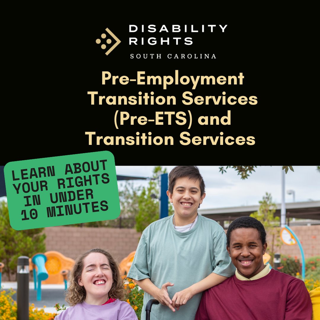DisabilityRtsSC's tweet photo. Pre-Employment Transition Services (Pre-ETS) can help students:
✔ Explore careers
✔ Gain work experience
✔ Learn workplace readiness skills
✔ Build self-advocacy skills
✔ Prepare for college or training programs

In our latest video, DRSC explains how transition services and vocational rehabilitation can support students as they prepare for adulthood.

Learn more about planning for employment, independence, and life after school. https://t.co/Hf3rYS9KY1  

This material was developed at U.S. taxpayer expense. This communication is funded through a SSA grant agreement. Although SSA reviewed this for accuracy, it does not constitute an official SSA communication.
