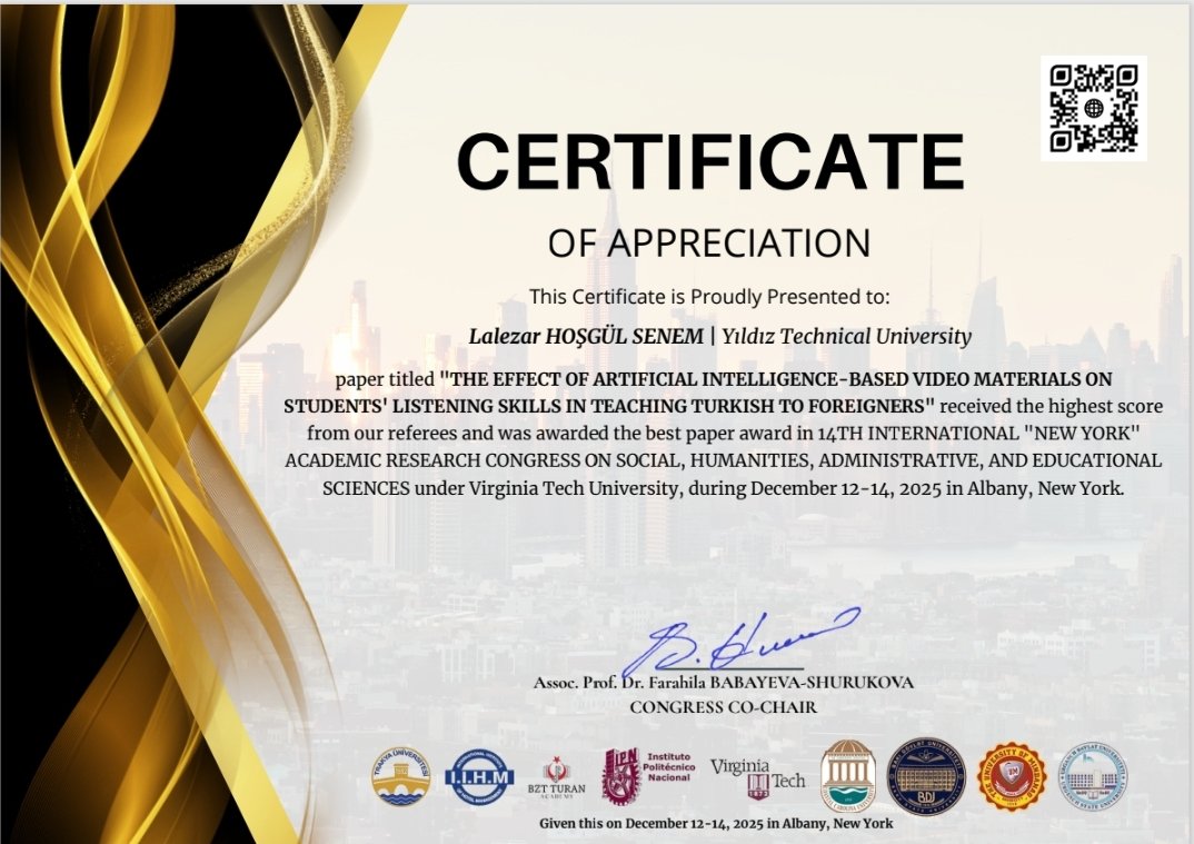 drdbariskir's tweet photo. Öğrencim Lalezar Hoşgül Senem'in yüksek lisans tezinden ürettiği "The Effect of Artificial Intelligence-Based Video Materials on Students' Listening Skill in Teaching Turkish to Foreigners" isimli bildirisi birincilik ödülüne layık görülmüştür. Teşekkür ederiz. https://t.co/H3kKWpqLZH