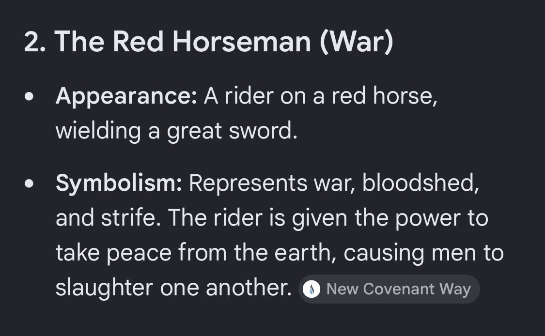 manlypants's tweet photo. The Four Horsemen of the Apocalypse are symbolic figures described in Chapter 6 of the biblical Book of Revelation. Released upon the world as the first four of seven seals are opened, they represent harbingers of the end of times: Conquest, War, Famine, and Death. https://t.co/gLCA1LaXHV