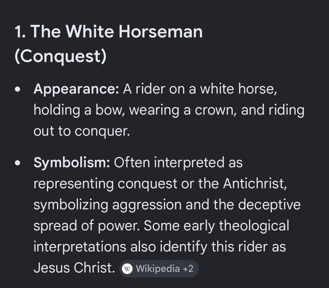 manlypants's tweet photo. The Four Horsemen of the Apocalypse are symbolic figures described in Chapter 6 of the biblical Book of Revelation. Released upon the world as the first four of seven seals are opened, they represent harbingers of the end of times: Conquest, War, Famine, and Death. https://t.co/gLCA1LaXHV