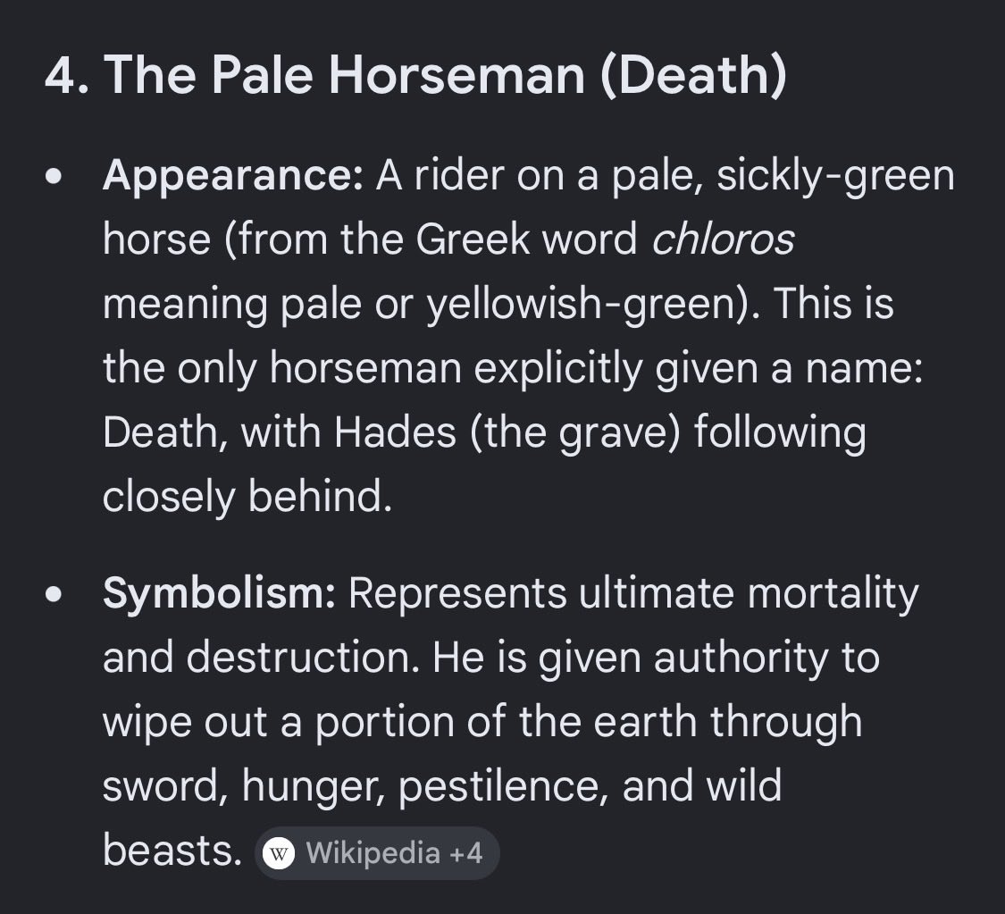 manlypants's tweet photo. The Four Horsemen of the Apocalypse are symbolic figures described in Chapter 6 of the biblical Book of Revelation. Released upon the world as the first four of seven seals are opened, they represent harbingers of the end of times: Conquest, War, Famine, and Death. https://t.co/gLCA1LaXHV