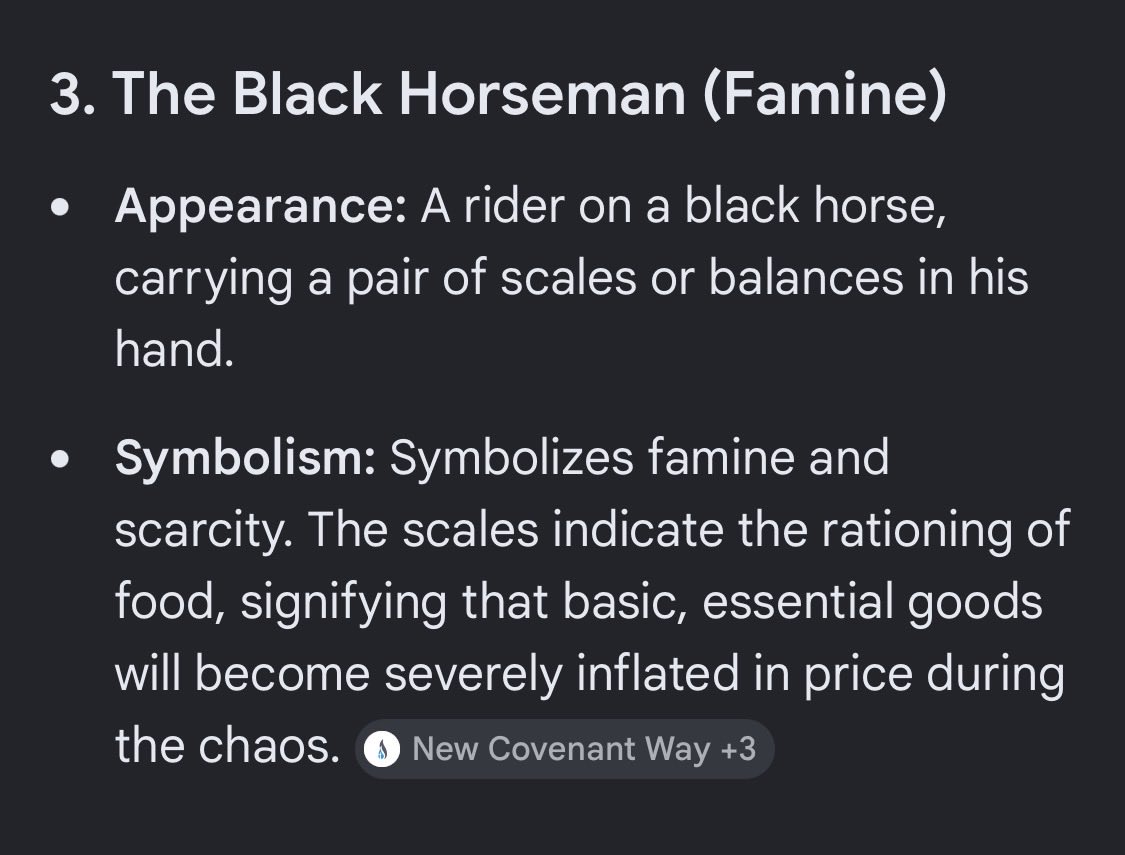 manlypants's tweet photo. The Four Horsemen of the Apocalypse are symbolic figures described in Chapter 6 of the biblical Book of Revelation. Released upon the world as the first four of seven seals are opened, they represent harbingers of the end of times: Conquest, War, Famine, and Death. https://t.co/gLCA1LaXHV