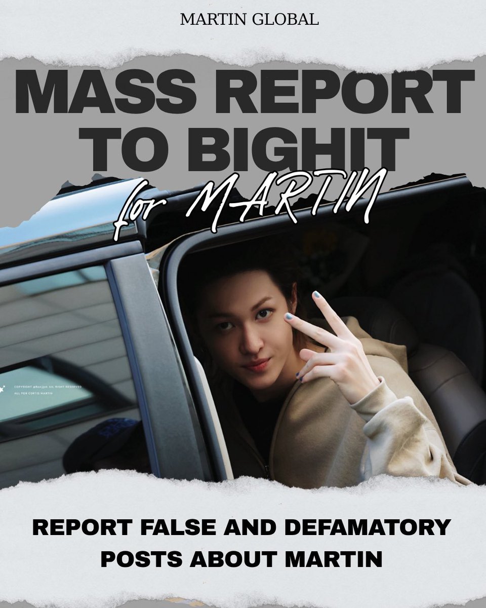 MARTINGLOBAL_'s tweet photo. ‼️REPORT FALSE AND DEFAMATORY POSTS ABOUT MARTIN‼️

✨How to report to Big Hit
📌Visit: https://t.co/T7M035evJK
📌Report Guide
 🔗 https://t.co/qW2BdHqN8l

✨How to for the account:
Tap the “…” at the top right corner → select “Report”
Choose “Hate, Abuse, or Harassment” https://t.co/tpMnqcqcR8