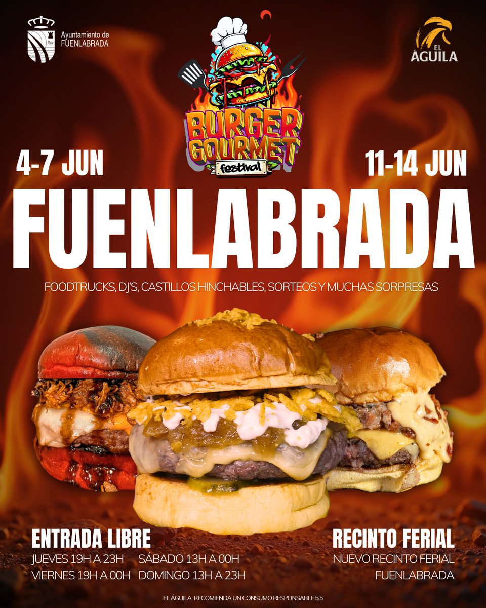 FerialFuenla's tweet photo. 🍔🔥 BURGER GOURMET STREET FOOD FESTIVAL LLEGA A FUENLABRADA 🔥🍔

Prepárate para una experiencia que va mucho más allá de una hamburguesa… 😏👇
📍 Parque Ferial
📅 Del 4 al 14 de junio (jueves a domingo)

🎟️ Entrada gratuita https://t.co/c764M1TsXq