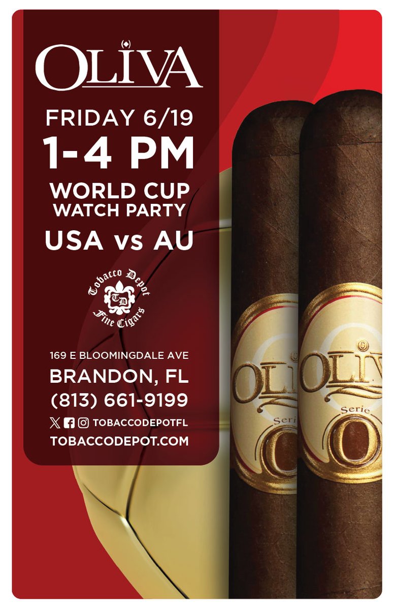 Join us at Tobacco Depot for a World Cup Watch Party with Oliva Cigars!  Good smokes, great company, and nonstop match-day energy! 🗓️Friday, June  19th 🕐1PM
