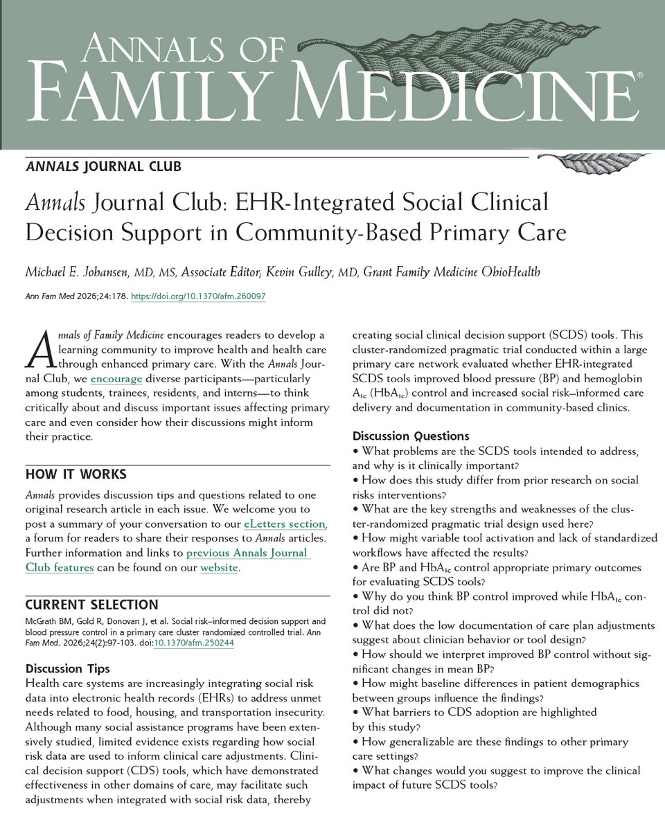 AnnFamMed's tweet photo. Our most recent issue features a study by McGrath BM, Gold R, Donovan J, et al. on how social risk–informed decision support may improve blood pressure control in #PrimaryCare 

Share your perspective through our eLetters forum and be part of the conversation. Join the 𝘼𝙣𝙣𝙖𝙡𝙨 𝙅𝙤𝙪𝙧𝙣𝙖𝙡 𝘾𝙡𝙪𝙗 where students, trainees, residents, and interns are invited to explore new research, discuss key issues in #PrimaryCare, and connect insights to real-world practice.

Read the study: https://t.co/10q09U5LpF

Submit an eLetter: https://t.co/h6rSiTlv1w