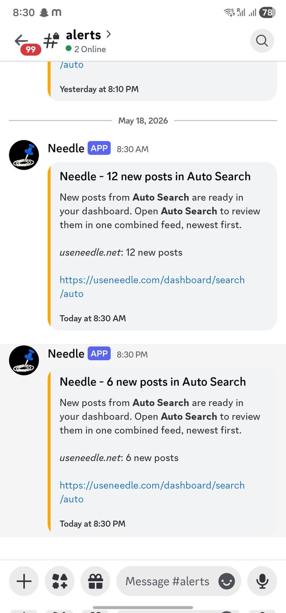 iamvs2002's tweet photo. Just in. Had set alerts every 12 hours.

6 new high intent conversations found for Needle, by @use_needle 

#buildinpublic #saas #founders #ai #leadgeneration #marketing #indiehackers #customers https://t.co/ckhN6CyyfL
