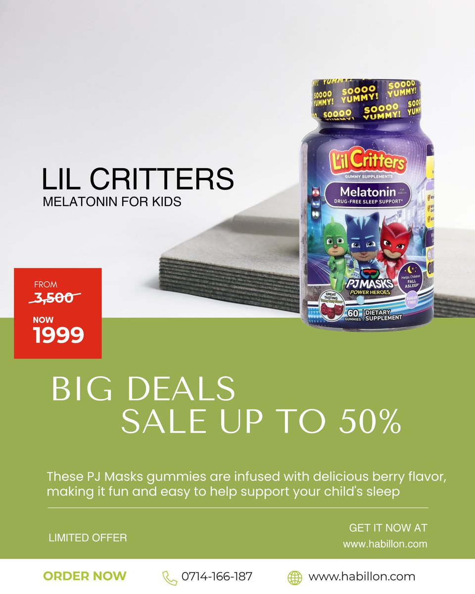 Habillon_ke's tweet photo. Bedtime just got easier for the little ones

Lil Critters Melatonin for Kids is now on a BIG DEAL SALE 

Was KSh 3,500
NOW ONLY KSh 1,999 

📞 0714-166-187

#LilCritters #MelatoninForKids #HabillonPharmacy #KidsWellness #SleepSupportforkids https://t.co/K7d81lyhuo